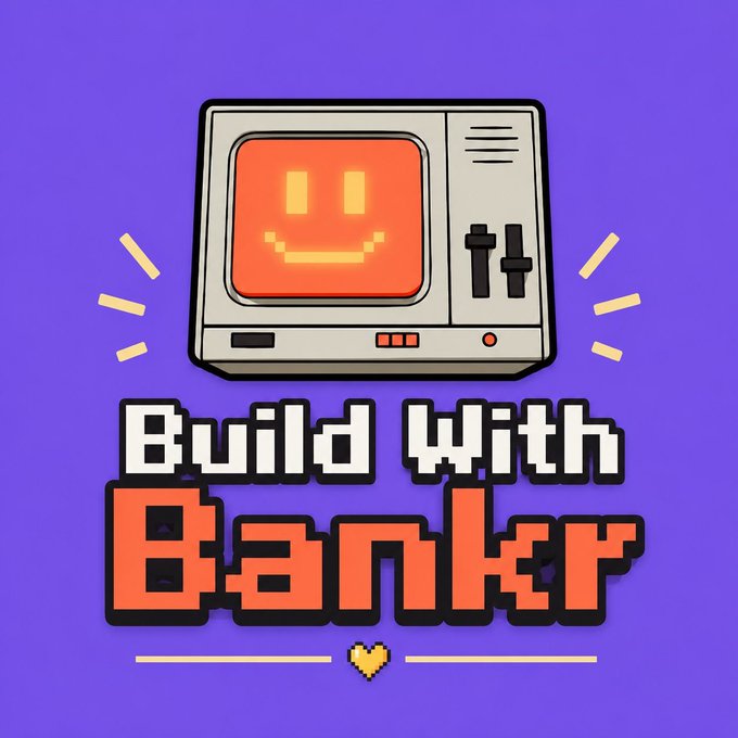 A pixel art style graphic on a purple background features a retro computer monitor displaying a smiling face, with the text 'Build With Bankr' and a small heart below.
