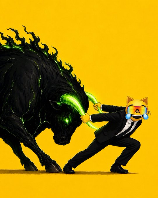 A surreal digital artwork featuring a figure in a black suit with a laughing cat emoji head, struggling to control a dark, glowing green-eyed bull-like creature on a yellow background.