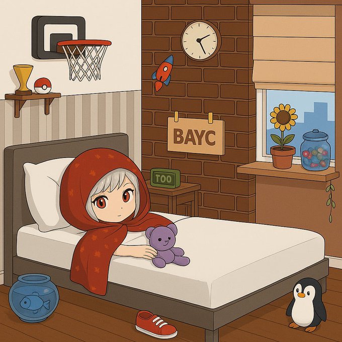 An anime-style illustration shows a girl with white hair wearing a red hooded cloak sitting in a bed, holding a purple teddy bear in a room decorated with a basketball hoop, a 'BAYC' sign, a 'TOO' green box, and a penguin on the floor.