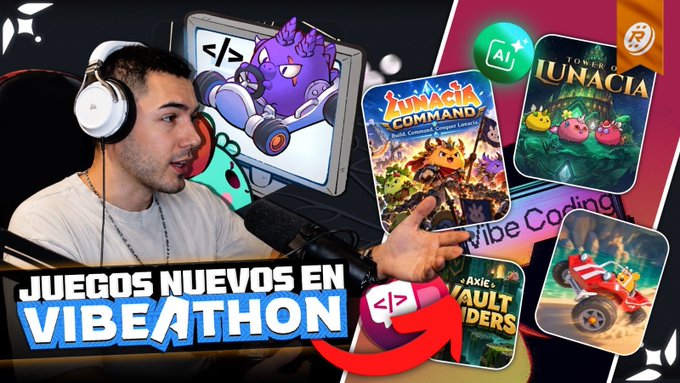 A YouTube thumbnail shows a man with headphones speaking into a microphone, surrounded by game graphics including 'LUNACIA COMMAND' and 'TOWER OF LUNACIA', with Spanish text reading 'JUEGOS NUEVOS EN VIBEATHON'.