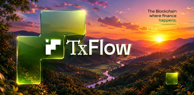 A promotional graphic for 'TxFlow' featuring a green logo over a sunset landscape, with the tagline 'The Blockchain where finance happens.'