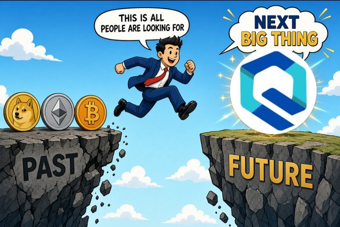 A cartoon illustration shows a businessman in a suit leaping from a cliff labeled 'PAST' (with Dogecoin, Ethereum, and Bitcoin coins) toward a cliff labeled 'FUTURE' featuring a blue logo and a speech bubble declaring 'NEXT BIG THING', while he says 'THIS IS ALL PEOPLE ARE LOOKING FOR'.