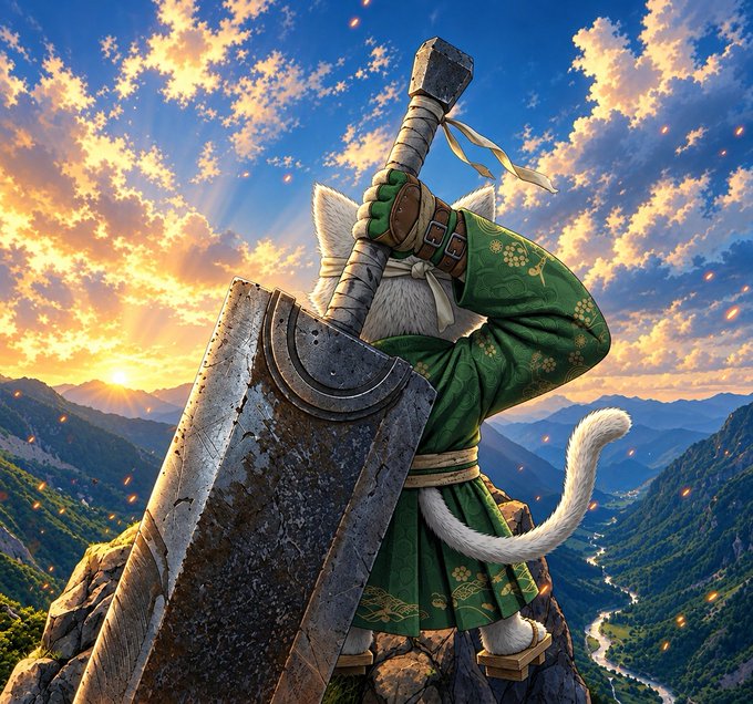 A fantasy illustration of a white cat warrior in a green floral tunic, viewed from behind, holding a massive rusted sword while overlooking a mountainous valley at sunset.