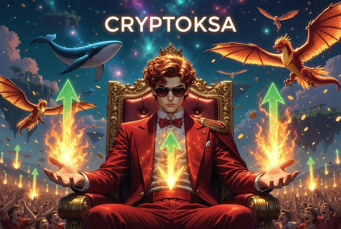 The image features a man dressed in a red suit, sitting in a chair with his hands raised up in the air. The background of the image shows a sky filled with stars and planets, as well as some birds flying around him. In the bottom right corner of the image, there is text that reads "CRYPTOKSA" along with an arrow pointing to the left side of the image.