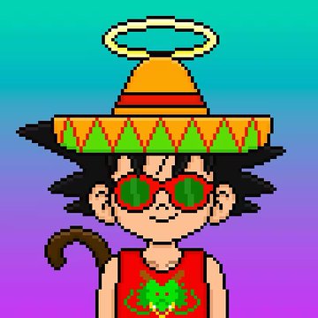 The image features a cartoon character, likely a young boy or a girl, wearing a sombrero with a halo and sunglasses. The character appears to be a fan of TACO Tuesday, as indicated by their outfit. The background is a gradient of purple and blue colors, which complements the character's attire. The post also mentions that there are "NFTs" in the image, possibly referring to digital artworks or virtual items.