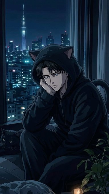 An anime-style figure in a black cat-eared hoodie sits pensively by a window overlooking the Tokyo skyline, accompanied by a black cat, while the caption "gN cT" appears in the lower corner—matching the poster's casual "goodnight" sign-off after their winning streak on Polymarket.