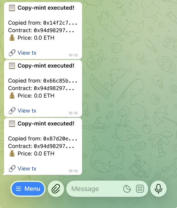 A screenshot of a Telegram bot showing three successful "Copy-mint executed!" notifications from contract 0x94d98297, each minted at 0.0 ETH and copy-minting NFTs from addresses like 0x14f2c7 and 0x66c85b. The image illustrates the post by demonstrating the bot automatically minting NFTs in the background while the user was away fixing their car.