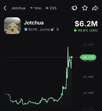 The image shows a crypto price chart for Jotchua ($Jotchua), displaying a market cap of $6.2M with a 40.9% gain over 24 hours, featuring a dramatic price spike that aligns with the post's claim of a 41% pump today.