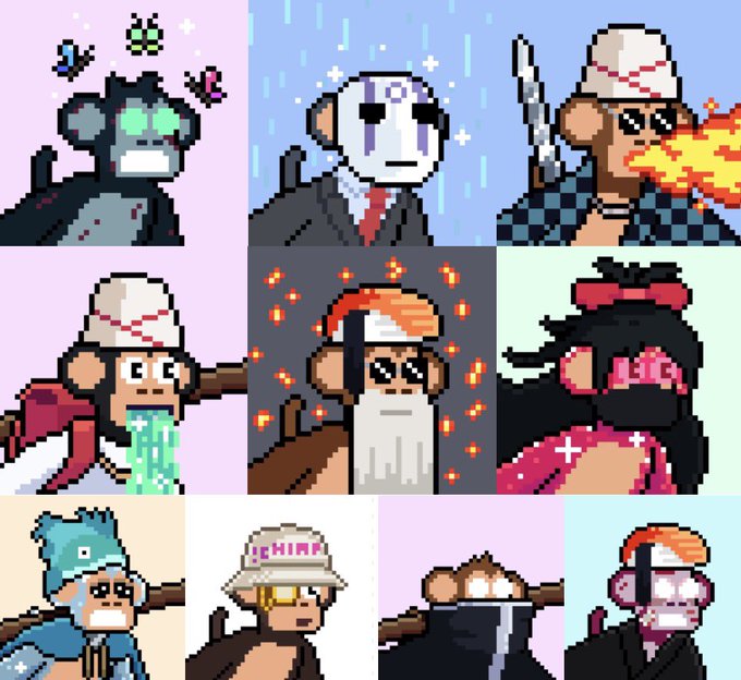 A 3x3 grid of pixel art monkey characters in various costumes and styles, including one with green glowing eyes, one in a suit, one breathing fire, one vomiting green liquid, one surrounded by fire, and others in different outfits.