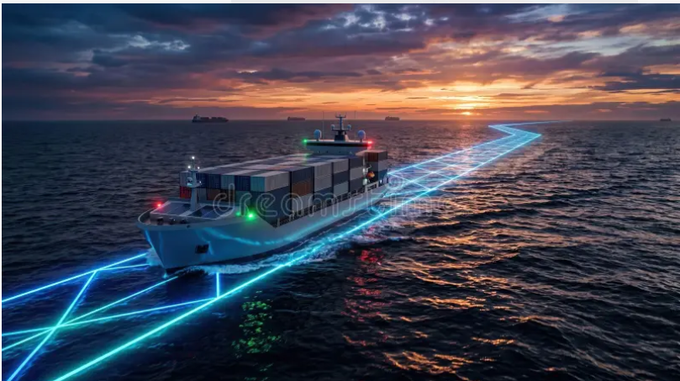 Artistic rendering of a cargo ship sailing on the ocean at sunset, with glowing blue geometric light trails in the water illustrating its route. A Dreamstime watermark is visible.