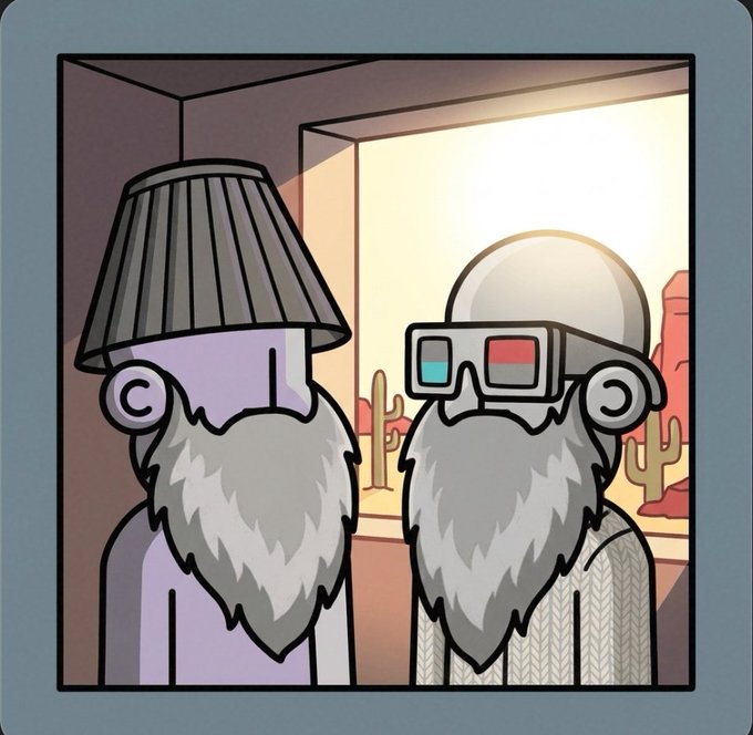 The image features two cartoon men with long beards, wearing glasses and hats, standing next to each other against a blue background. The caption above them reads "When you're too old to play in the sun ... stay home and vibe with @npconchain fam NFA". This suggests that they are discussing or sharing their thoughts on the post about staying indoors during sunny weather.

The image is a cartoon, so it likely uses exaggerated features like long beards and glasses for humor rather than realistic facial expressions. The two men appear to be in a room with a window, which could imply an indoor setting such as a living room or a studio apartment.