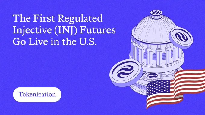 A blue promotional graphic reading "The First Regulated Injective (INJ) Futures Go Live in the U.S." with a "Tokenization" tag, featuring an illustration of a domed building, Injective coins, and an American flag.