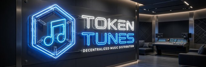 A promotional banner for 'TOKEN TUNES - DECENTRALIZED MUSIC DISTRIBUTION' featuring a neon blue music note logo, with a recording studio setup visible in the background.