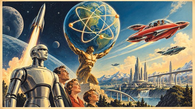 A retro-futuristic illustration depicting a robot, a family, a golden statue holding an Earth model with an atom symbol, a rocket, and flying cars against a planetary backdrop.