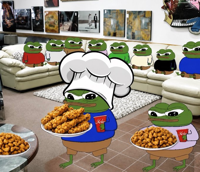 Multiple Pepe the Frog memes edited into a living room scene, with several frogs wearing different colored shirts, two of them wearing chef hats and holding plates of fried chicken and ketchup.