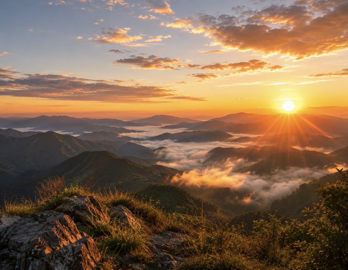 A scenic mountain landscape at sunrise or sunset, with golden light streaming through clouds above a sea of mist filling the valleys.