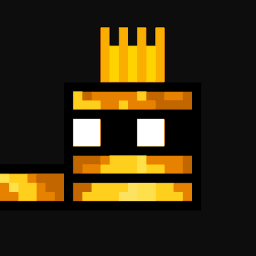The image features a cartoon character with a crown, which appears to be made of blocks or cubes painted in shades of yellow and black. The character has two eyes and a mouth, giving it a face-like appearance. The background of the image is black, making the colorful character stand out even more. There are no other objects or texts present in the image, so the focus is solely on the cartoon character with its crown.
