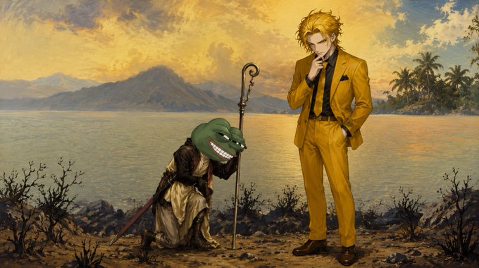 The image features a man dressed in a suit standing next to another person wearing a costume with a frog head, possibly a gecko or a frog character. The two individuals appear to be engaged in conversation, with one of them holding a cane. They are set against a backdrop that includes mountains and water, creating an interesting contrast between the natural elements and the man's suit attire. The caption at the bottom of the image reads "Good Afternoon Friends After seeing the new update from @wallchain I believe we all bullsh*t".