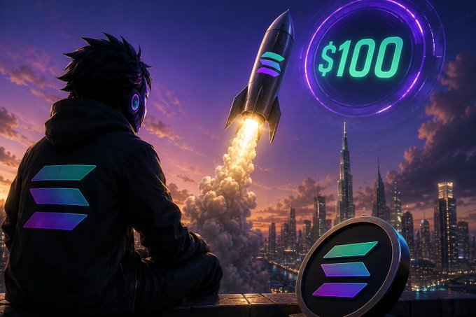 Stylized image of a hooded figure in a black jacket with glowing purple and teal stripes watching a rocket with the Solana logo launch, alongside a glowing '$100' sign and a Solana coin in the foreground.