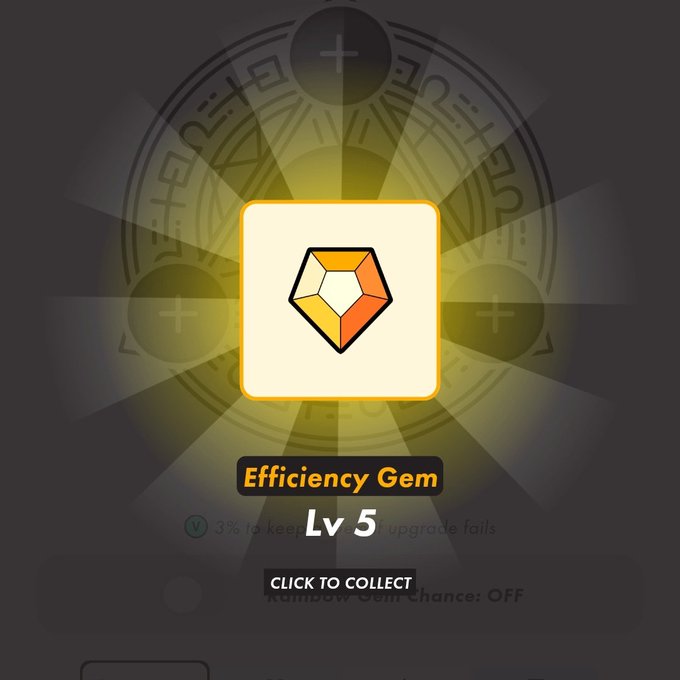The image features a yellow diamond-shaped gemstone with an orange center, which appears to be a piece of jewelry or decoration. The background of the image is black, making the yellow gemstone stand out prominently. The caption below the image reads "Efficiency Gem Lv5".