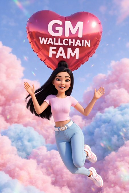 The image shows a cartoon girl with long black hair, dressed in blue pants and a pink top, who appears to be flying through the air above a red balloon shaped like a heart. This scene suggests an engaging and lively atmosphere that captures viewers' attention and creates a sense of excitement. The post also mentions "Wallchain Select stats are really interesting over 30k campaign requests have been registered and the acceptance rate is likely to be less than 0.5%". The caption reveals that the girl in the image has contributed significantly to the campaign, highlighting her importance as an effective promotional tool for Wallchain.