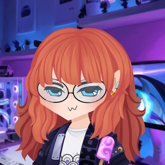 A digital anime-style avatar of a character with wavy orange hair, blue eyes, and glasses, wearing a dark jacket and holding a purple ice cream bar against a blurred purple-lit background.