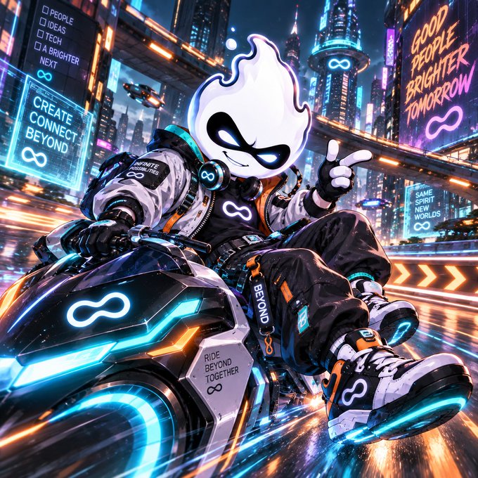 A vibrant cyberpunk-style illustration of a character with a white flame-like mask riding a futuristic motorcycle through a neon-lit city, surrounded by signs reading 'PEOPLE IDEAS TECH', 'CREATE CONNECT BEYOND', and 'GOOD PEOPLE BRIGHTER TOMORROW'.