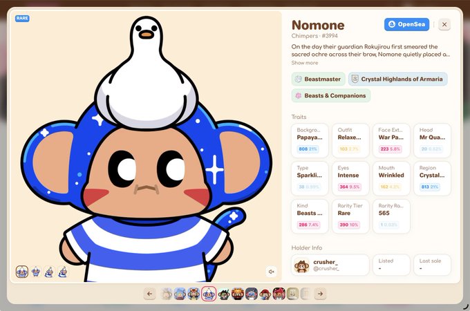 An OpenSea NFT page showing a 'Rare' 'Nomone' Chimpers character (#2994) with a white bird on its head, tagged as Beastmaster from the Crystal Highlands of Armaria, holder info @crusher_, with visible traits like Background Papaya (609, 21%), Outfit Relaxed (102 2.7%), Face Expression War Paint (223 5.9%), and others.