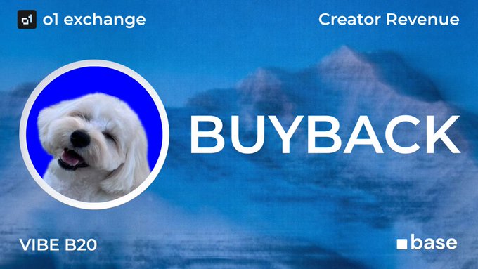 A promotional graphic from o1 exchange showing a white Maltese dog in a circular frame against a blue ocean wave background, with text 'BUYBACK', 'Creator Revenue', 'VIBE B20', and the base logo.