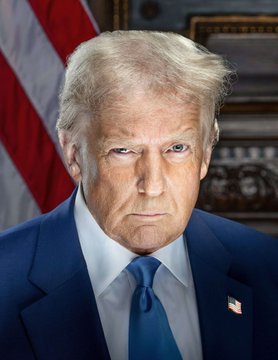 The user wants a caption for the provided image.
1.  **Analyze the image:** The image shows a portrait of Donald Trump. He is wearing a blue suit, white shirt, and blue tie. There is an American flag pin on his lapel. An American flag is visible in the background on the left. He has a serious expression.
2.  **Analyze the text/context:** The prompt provides a quote attributed to "President Trump": "Bitcoin is money, yet you have to pay capital gains tax if you use it to buy a coffee? 'I was talking with a friend, and he said it really shouldn’t be taxed—I agree.'"
3.  **Synthesize:** The image is clearly a photo of President Donald Trump. The text discusses his views on Bitcoin taxation. The caption needs to describe the visual content (President Trump) and relate it to the text (his statement on Bitcoin).
4.  **Drafting the caption:**
    *
