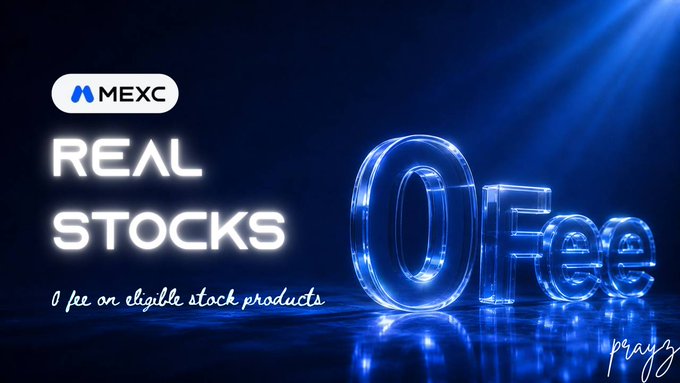 A promotional graphic for MEXC cryptocurrency exchange advertising 'REAL STOCKS' with '0 fee on eligible stock products' in glowing blue neon text.