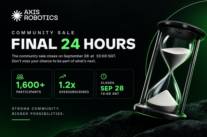 An advertisement for Axis Robotics Community Sale showing 'FINAL 24 HOURS' with an hourglass, noting over 1,600+ participants and 1.2x oversubscribed, closing September 28 at 13:00 SGT.