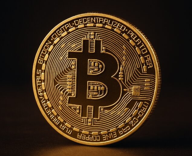 A gleaming gold Bitcoin commemorative coin stands upright against a dark background, featuring the iconic "₿" symbol surrounded by circuit-like patterns and inscriptions reading "DIGITAL • DECENTRALIZED • PEER TO PEER" along with "FINE COPPER" and "MJ METALS & COIN," symbolizing the crypto asset whose forgotten holdings recently made the British man an accidental multi-millionaire.