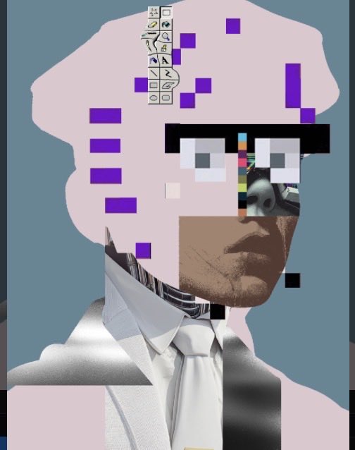 A surreal digital portrait of a person whose face is glitching into pixelated squares, with purple blocks obscuring parts of the head and a distorted eye