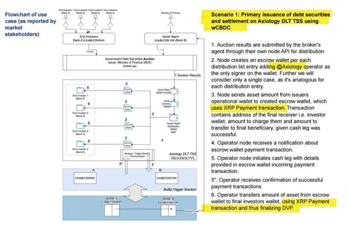 A flowchart diagrams a 'Scenario 1: Primary issuance of debt securities and settlement on Axology DLT TSS using wCBDC', with steps including the Ministry of Finance, Bank A, and the use of XRP Payment transactions.