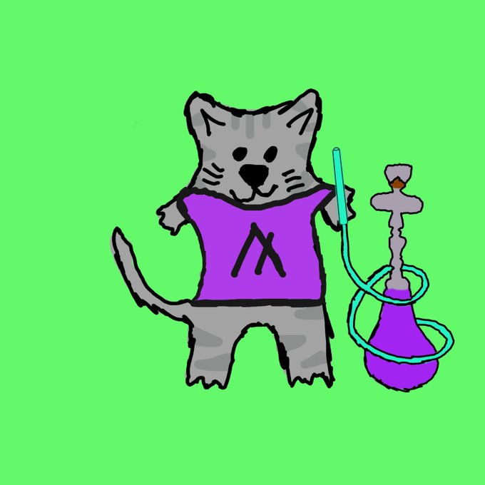 A cartoon-style illustration of a gray tabby cat wearing a purple shirt with an 'AX' logo, standing on a bright green background while smoking a hookah with a cyan hose.