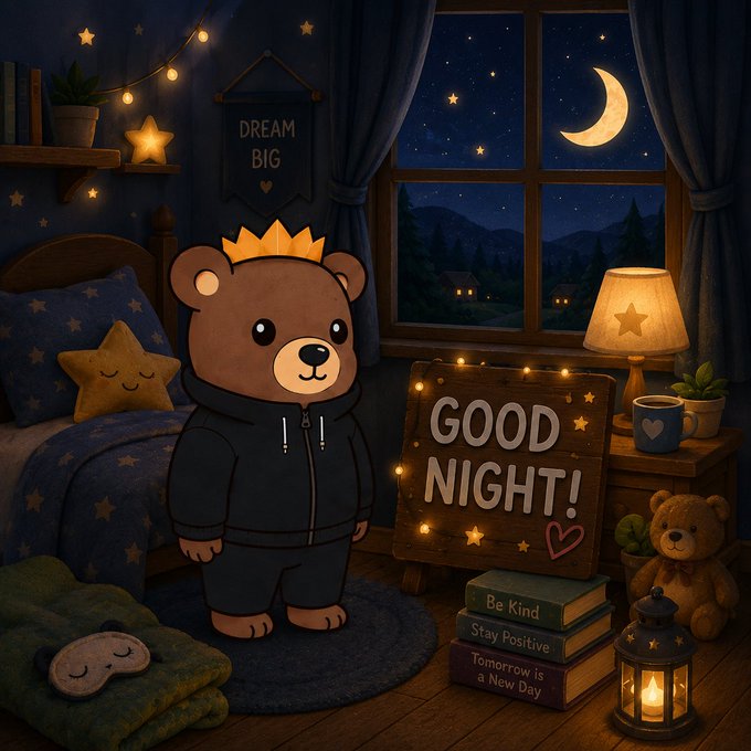 The image features a cartoon bear standing next to a bed with a nightstand, lamp, and teddy bears. The bear has a sign above its head that says "Goodnight CT, gn friends and @bearish_af fam! Weekend has started! Finally! We needed some rest after this amazing week of grinding hehe. Happy that i got a GTD mint for @yugen_gg thanks to @SHADOW_NFT15 and @LegacyWeb3io!". The bear is wearing a black hoodie, which adds to the overall theme of the image.