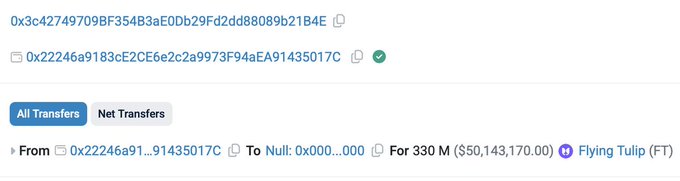 A blockchain transaction record showing a transfer of 330M Flying Tulip (FT) tokens, valued at $50,143,170, from address 0x22246a9183cE2CE6e2c2a9973F94aEA91435017C to the null address (0x000...000), confirming the burn of tokens from unallocated supply. The green checkmark indicates a successful transaction, supporting the post's claim about permanently reducing FT's total supply.