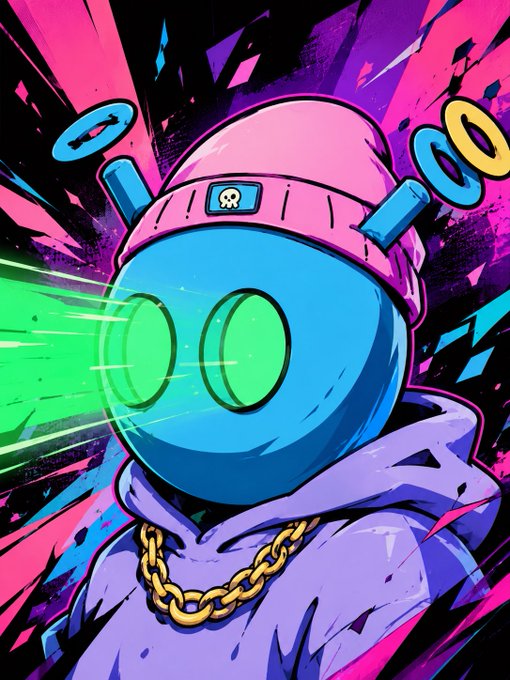 A vibrant digital illustration features a blue spherical character with glowing green eyes, wearing a pink beanie, a purple hoodie, and a gold chain, set against an explosive pink and black background.