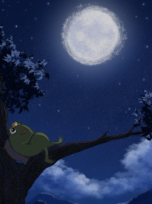 An illustration of a green frog wearing a small crown relaxing on a tree branch beneath a large, glowing full moon in a starry night sky.