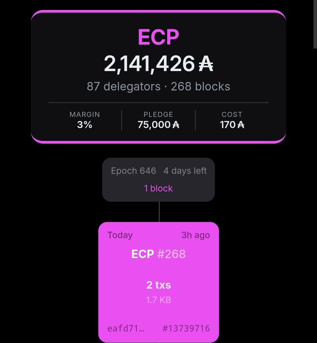 A dashboard showing ECP with 2,141,426 A tokens, 87 delegators, 268 blocks, 3% margin, 75,000 A pledge, and 170 A cost, with Epoch 646 having 4 days left and showing block ECP #268 from today.