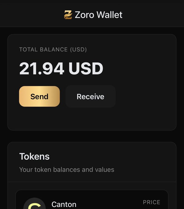 The image shows a cell phone screen displaying a message from Zoroo Wallet, an app that allows users to manage their digital assets. The screen features a black background with white text, including the app's name "Zoroo Wallet" and its logo. Below this information is a list of transactions, which includes sending money, receiving money, and adding tokens to your wallet. The message also provides instructions on how to check the app for updates or download it from the provided link.