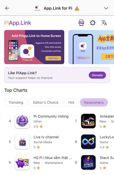 The screenshot shows the PiApp.Link platform featuring various community-developed apps on the Pi Network, including Pi Community Voting (rated 4.8 stars), Live tv channel, Hủ Pi marketplace, Anteater, LuckyLo, and Stack Strike game. This visually supports the post's message by demonstrating the diversity of practical applications built by Pi community members rather than the Core Team, showcasing categories like Social Media, Marketplace, and Game across a range of 4-5 star ratings.