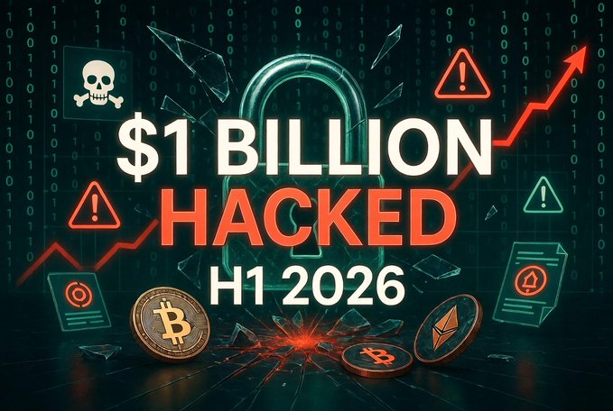A graphic with a digital padlock, warning icons, and Bitcoin/Ethereum coins displays '$1 BILLION HACKED H1 2026' in bold text.