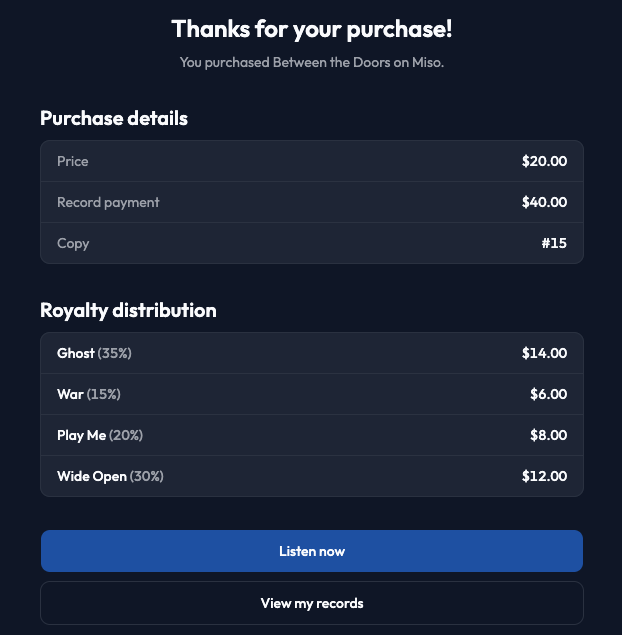 Another 'Receipt' screen shows a $20.00 purchase with $40.00 record payment and $15 copy, detailing royalty distribution to Ghost, War, Play Me, and Wide Open.