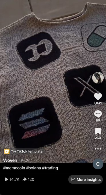 A TikTok video screenshot showing a close-up of a gray sweater with woven cryptocurrency app icons, tagged with #memecoin #solana #trading and showing 14.7K views.
