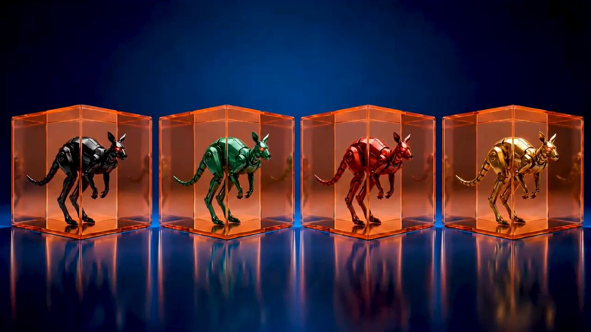 The image features four different colored metal figurines of kangaroos standing inside glass cubes against a blue background, arranged in a row. Each figurine has its own unique color scheme - black, green, red, and gold. The arrangement creates an interesting visual effect as the colors contrast with each other and the transparent glass cubes reflect light, making them appear to be floating or suspended in mid-air. This artistic display of kangaroo figurines inside glass cubes is likely related to a post about DeFi games that emphasizes the importance of AI agents competing autonomously for LP positions on Uniswap.