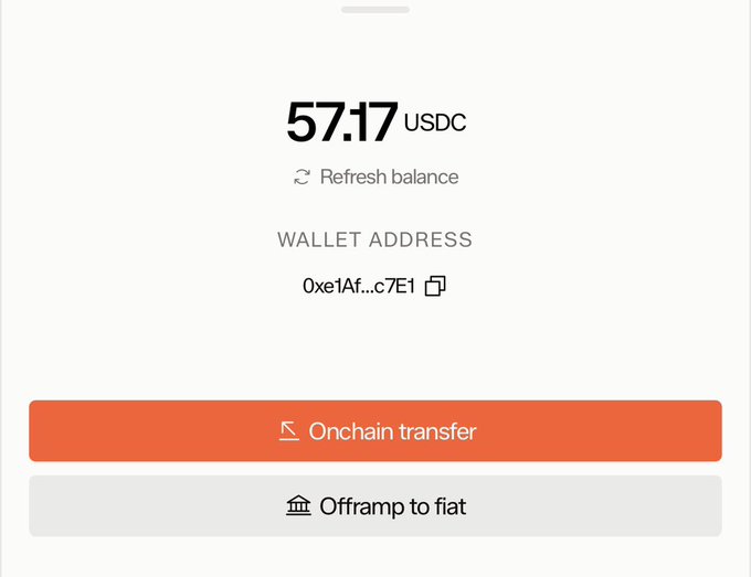A digital wallet interface displays a balance of 57.17 USDC with options for onchain transfer and offramp to fiat.