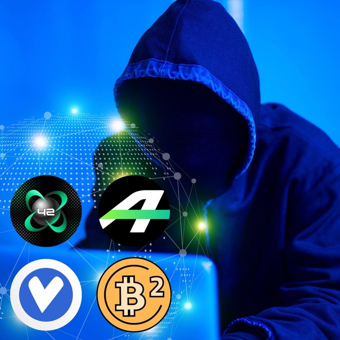 A hooded figure sits in front of a laptop with a digital network overlay, accompanied by logos for cryptocurrency tokens including what appears to be YE, A (Alchemy/Apex), and Bitcoin (B²), suggesting a crypto-related theme.