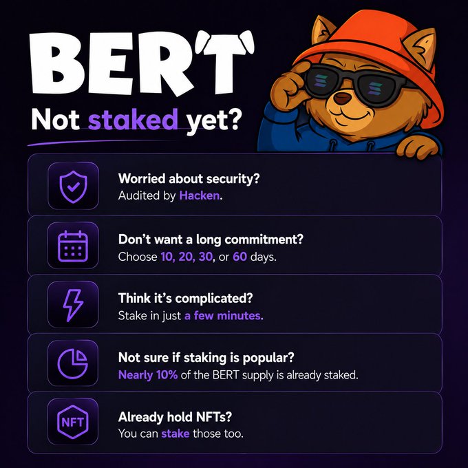 The image features a meme with a brown cat wearing sunglasses, holding up a sign that says "BERT" along with some text about security concerns related to BERT tokens. The caption below the image reads "Show me another meme project that gives this much to their community".